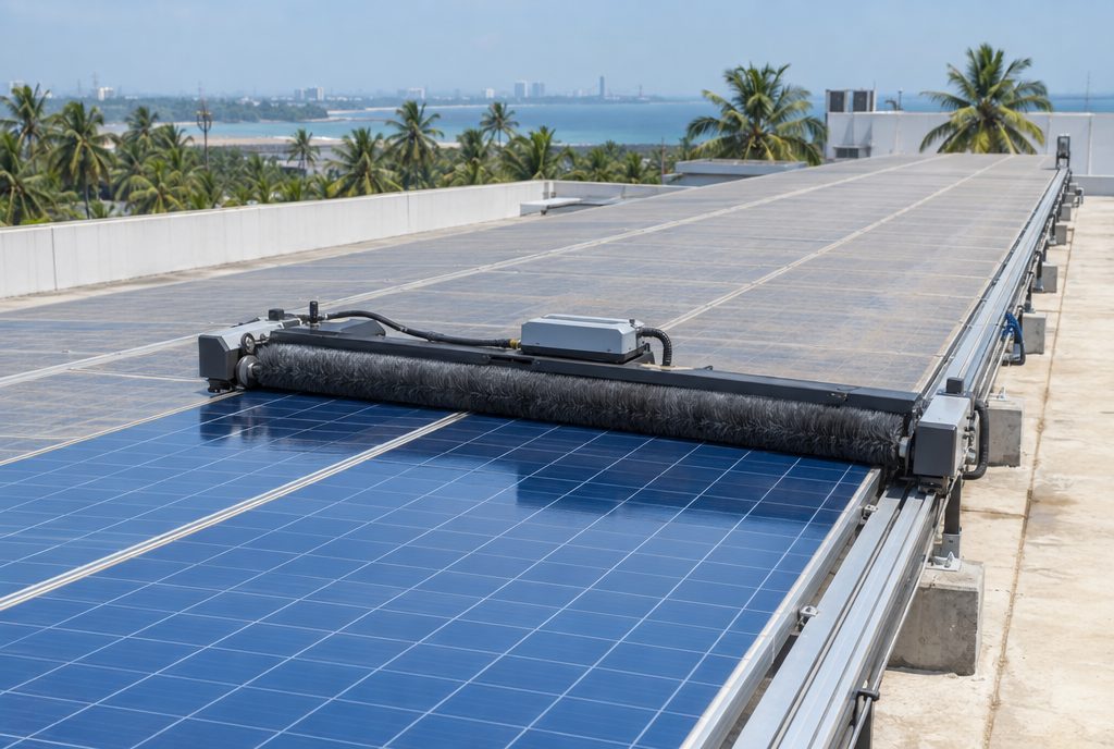 Robotic solar panel cleaner with a rotating soft brush moving along a long row of panels on a commercial rooftop, leaving a clean path behind it