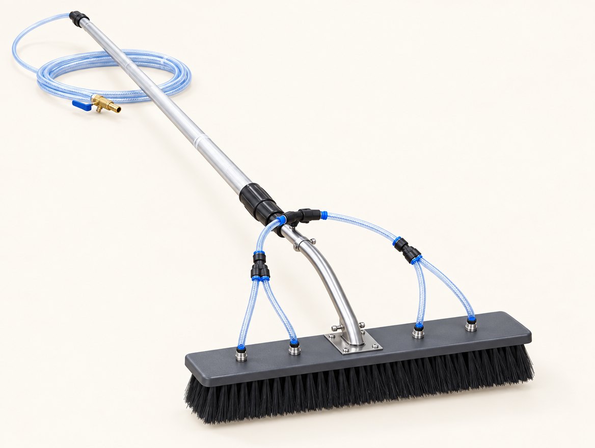 Water-fed solar panel cleaning brush with telescopic aluminium pole and soft nylon head